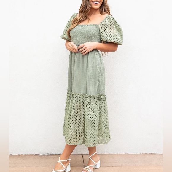 NWT Cottagecore Inspired Vera Eyelet Smocked Dress - Sage - Picture 7 of 9